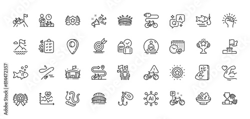 Electric bike, Fishing and Laureate line icons pack. AI, Question and Answer, Map pin icons. Dumbbell, Cardio training, Arena web icon. Yoga, Cardio calendar, Arena stadium pictogram. Vector