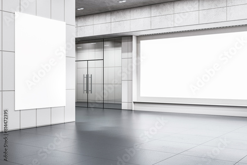 Contemporary commercial space featuring a large, blank billboard, perfect for advertising in a modern, minimalist setting. 3D Render