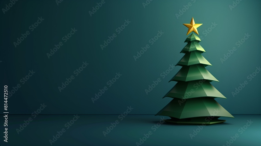 Minimalist paper-style Christmas tree with a large golden star on top on a dark teal background. Minimalist paper-style Christmas tree with a large golden star on top on a dark teal background.