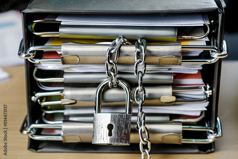 A new black office lever arch file, brimming with various office documents, is securely locked with heavy metal chains and a padlock A new black office lever arch file, brimming with various office documents, is securely locked with heavy metal chains and a padlock