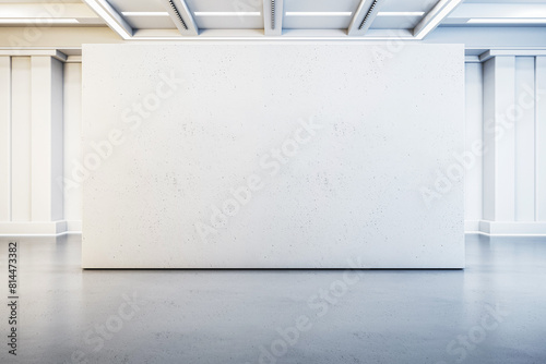Fototapeta Naklejka Na Ścianę i Meble -  A blank white wall in a gallery with a contemporary design on a clean, grey floor, suitable for an art exhibition background. 3D Rendering