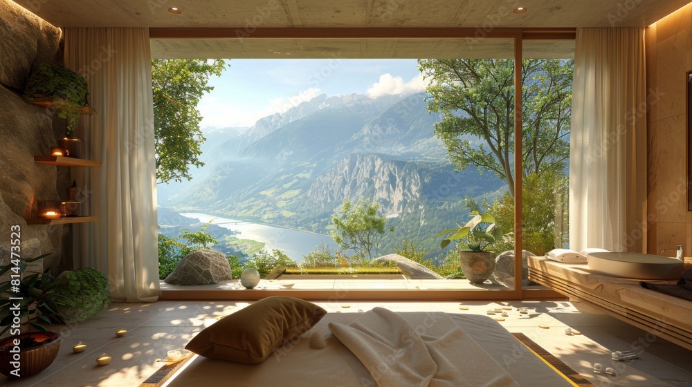 A spa therapy room with a beautiful mountain view, integrating nature with relaxation. A spa therapy room with a beautiful mountain view, integrating nature with relaxation.