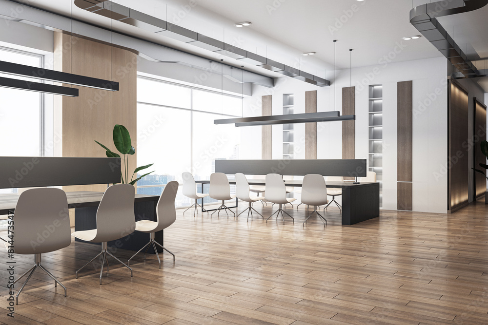 Modern office interior with wooden elements and pendant lighting, city view through windows, empty corporate space concept. 3D Rendering Modern office interior with wooden elements and pendant lighting, city view through windows, empty corporate space concept. 3D Rendering