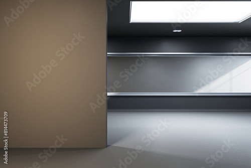 Empty gallery interior with blank wall  modern design shelves on a brown and gray background  concept of an exhibition space. 3D Rendering