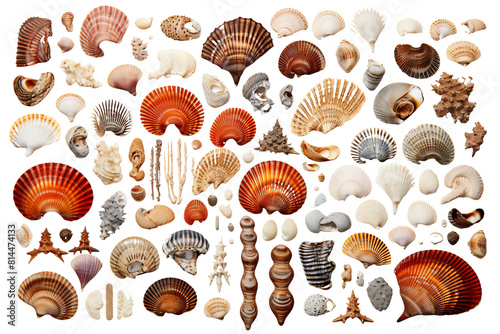 The image shows a variety of seashells in different colors and sizes. photo