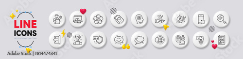 Delivery man, Love ticket and Shield line icons. White buttons 3d icons. Pack of Meditation eye, Windmill turbine, Speech bubble icon. Online storage, Time management, Recovery phone pictogram. Vector