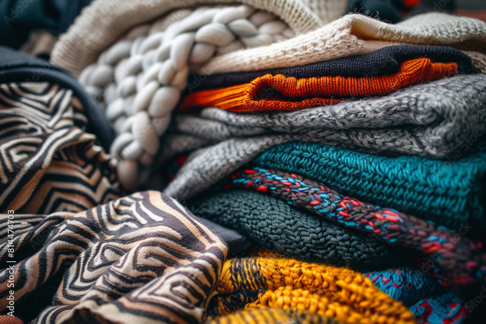 A pile of assorted clothing items neatly folded and ready for recycling or donation, promoting sustainability and charitable giving 