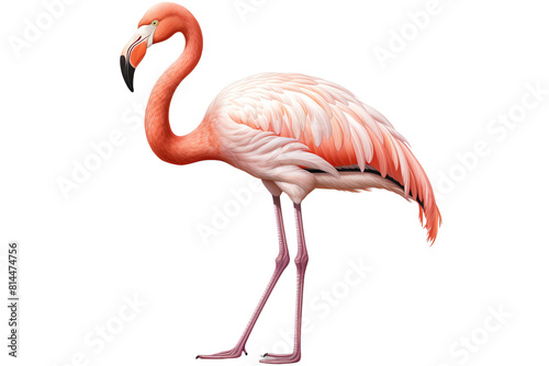 A pink flamingo standing on one leg in front of a black background.