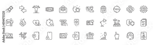 Bitcoin graph, Currency rate and Phone message line icons. Pack of Artificial intelligence, Product knowledge, Job interview icon. Timer, Augmented reality, Volunteer pictogram. Line icons. Vector photo