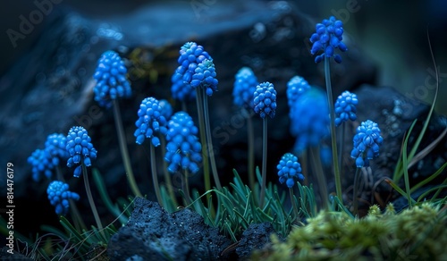 Enchanting blue muscari flowers blooming in mysterious twilight
