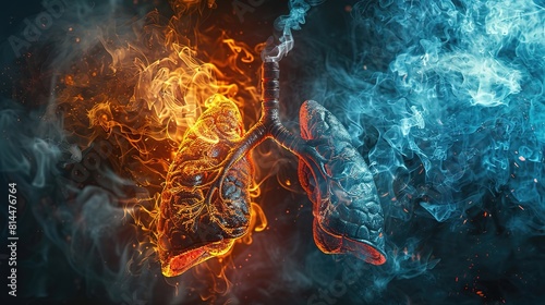 Two lungs, one blue and one red, with smoke coming out of them.