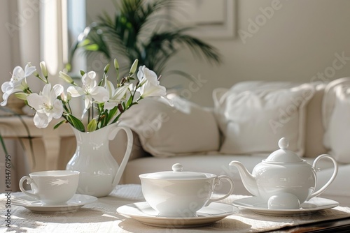 white tea set on table of drawing room