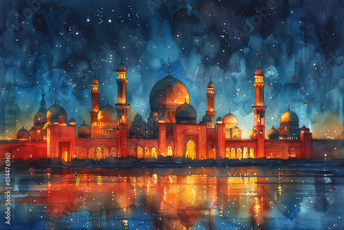 Watercolor illustration of a vibrant, blue-toned mosque reflecting on water under a starry sky, ideal for cultural and religious themes. Card for an Islamic holiday.