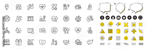 Set of Sea mountains, Airplane travel and Sleep line icons for web app. Design elements, Social media icons. Market, Fireworks, Marry me icons. True love, Fishing, Fireworks stars signs. Vector