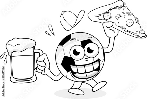 Cartoon soccer ball serving beer and pizza. Beer and pizza delivery at soccer game. Vector black and white coloring page.