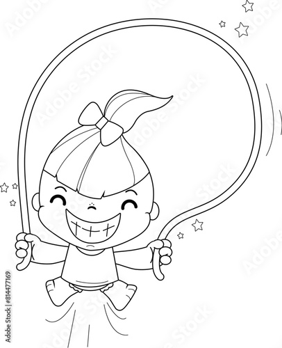 Girl playing, jumping rope. Child exercising and having fun. Vector black and white coloring page.