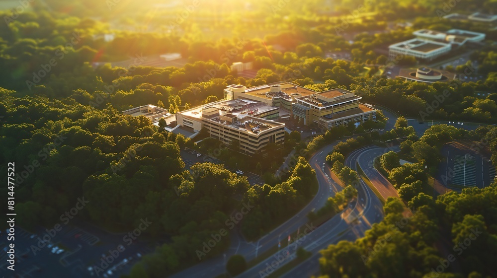 Aerial perspective capturing hospital's beauty.