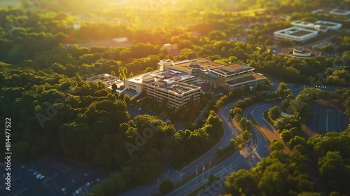 Aerial perspective capturing hospital's beauty.