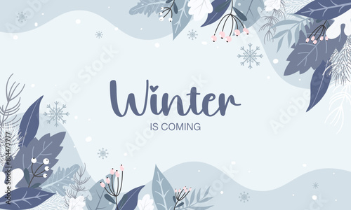 White plants background and snowing for winter season concept. Hand drawn isolated illustrations.