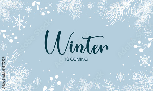 White plants background and snowing for winter season concept. Hand drawn isolated illustrations.