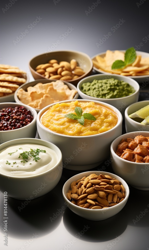 Indian ethnic food buffet on white concrete table 