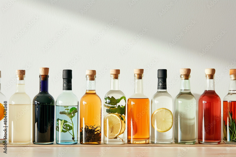 A selection of premium non-alcoholic spirits arranged neatly, showcasing 0% alcohol content bottles for sober lifestyles and health-conscious consumers A selection of premium non-alcoholic spirits arranged neatly, showcasing 0% alcohol content bottles for sober lifestyles and health-conscious consumers