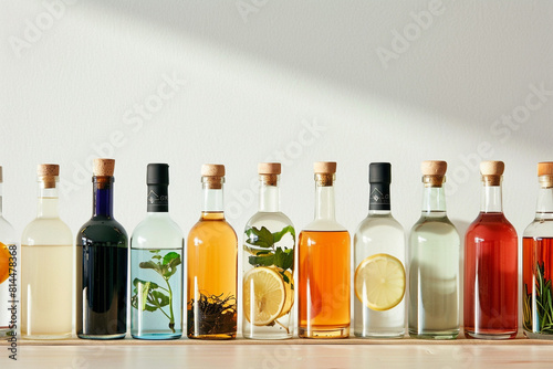 A selection of premium non-alcoholic spirits arranged neatly, showcasing 0% alcohol content bottles for sober lifestyles and health-conscious consumers 