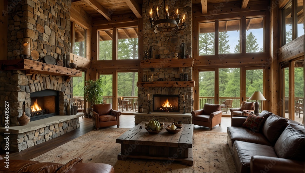 a vertically spacious living room with a floor-to-ceiling, broad window overlooking a serene forest.