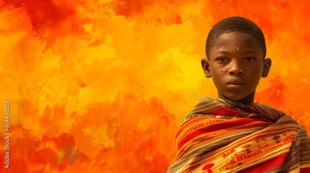 Obraz premium A black African boy stands confidently in front of a vibrant orange background