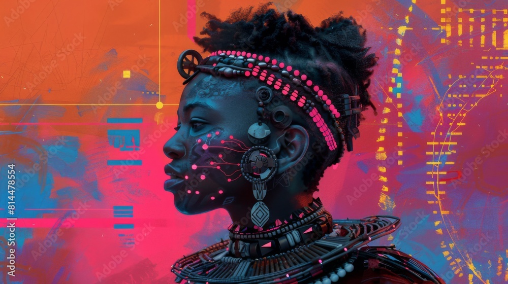 Fototapeta premium An African woman stands confidently in a vibrant, colorful background
