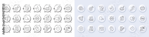 Timer, Whisper and Employees messenger line icons. White pin 3d buttons, chat bubbles icons. Pack of Dao, Change money, Breathing exercise icon. Vector