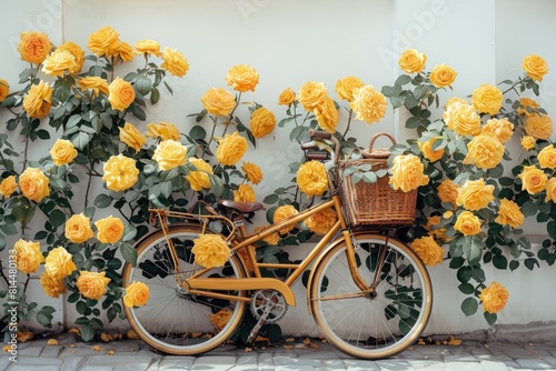 yellow roses on a background of a bicycle standing on a background of white wall