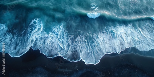 An aerial view of the powerful beauty of the ocean waves crashing onto the sandy shore.