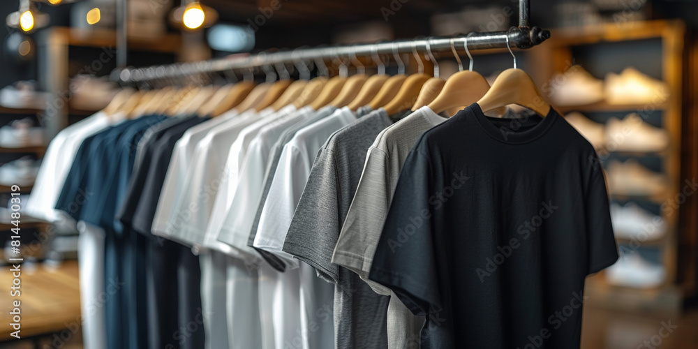 In the boutique, a varied collection of T-shirts hangs neatly on a rack. In the boutique, a varied collection of T-shirts hangs neatly on a rack.