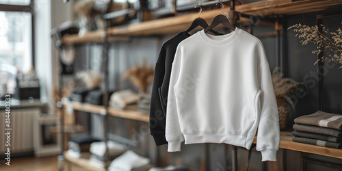 A fashionable cotton sweater hangs on a wooden hanger in a boutique.