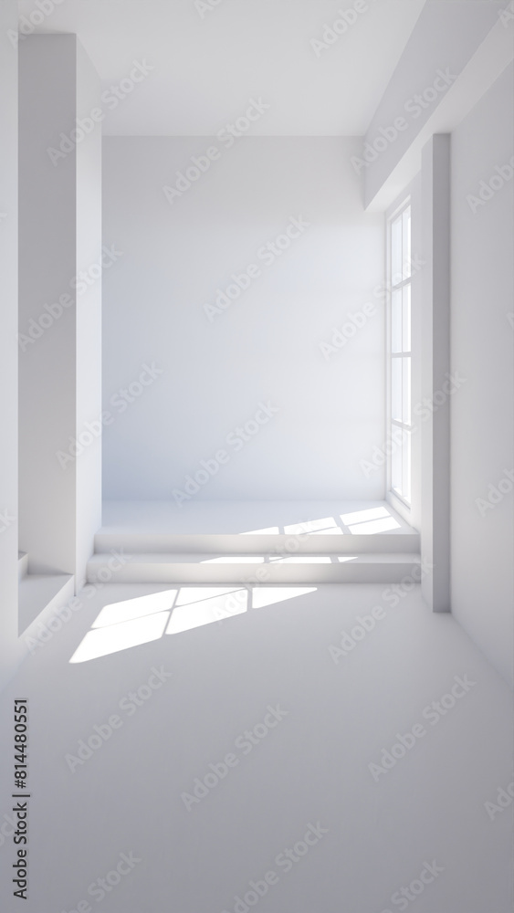 Fototapeta premium Hallway interior scene with wooden stairs and window light premium photo 3d render
