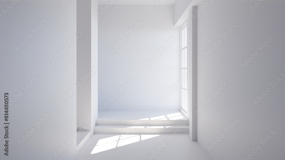 Fototapeta premium Hallway interior scene with wooden stairs and window light premium photo 3d render