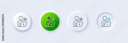Video conference line icon. Neumorphic, Green gradient, 3d pin buttons. Online training sign. Start presentation symbol. Line icons. Neumorphic buttons with outline signs. Vector