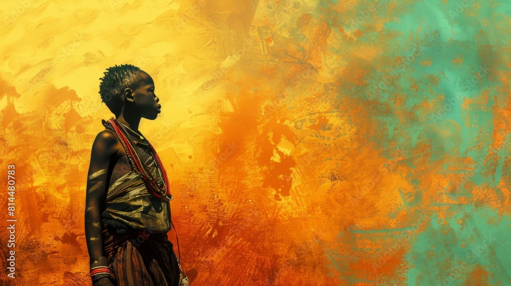 An Ethiopian woman stands gracefully in front of a colorful backdrop painted with the image of a black African boy An Ethiopian woman stands gracefully in front of a colorful backdrop painted with the image of a black African boy