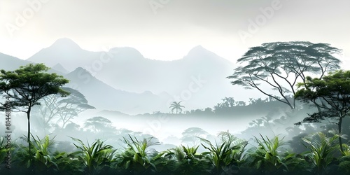 Serene Landscape with Lush Greenery  Misty Mountains  and Serene Meadows for Wallpaper. Concept Serene Landscape  Lush Greenery  Misty Mountains  Serene Meadows  Wallpaper