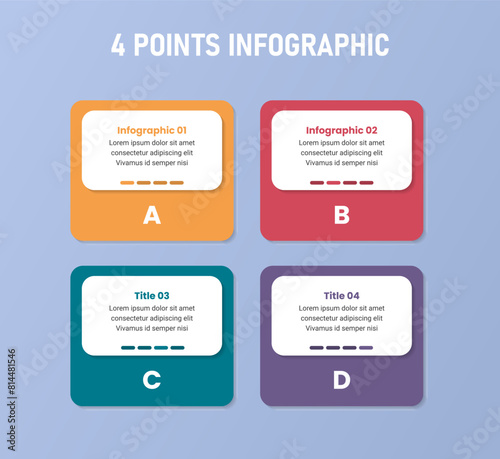 4 point stage or step infographic template with square box and badge header white for slide presentation