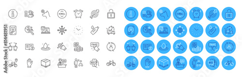 Delivery box, Touchscreen gesture and Water bottle line icons pack. Making money, Friends chat, Scroll down web icon. Search flight, Veterinary clinic, Fake information pictogram. Facts. Vector