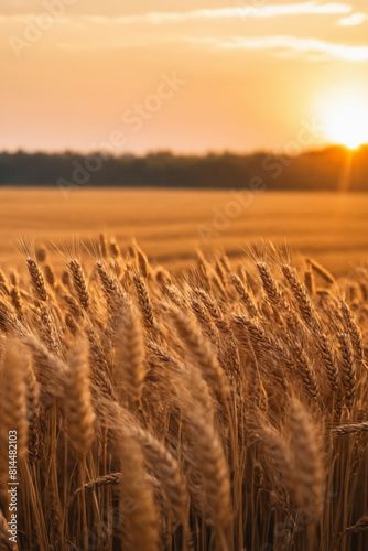 Close-up of golden wheat ears in a rural wheat field at sunset. Agricultural scene with cultivation of cereals with copy space. Concept of natural organic farming with rich harvest. 