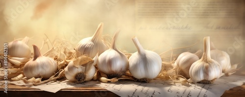 Fresh garlic bulbs on a rustic table, close up, focus on the intricate layers, natural tones Double exposure silhouette with old manuscript text photo