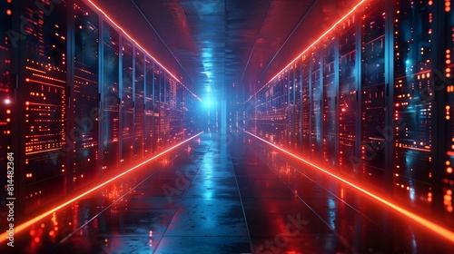Glowing Quantum Computer Room with Futuristic Data Streams and Illuminated Servers in Sci Fi Interior