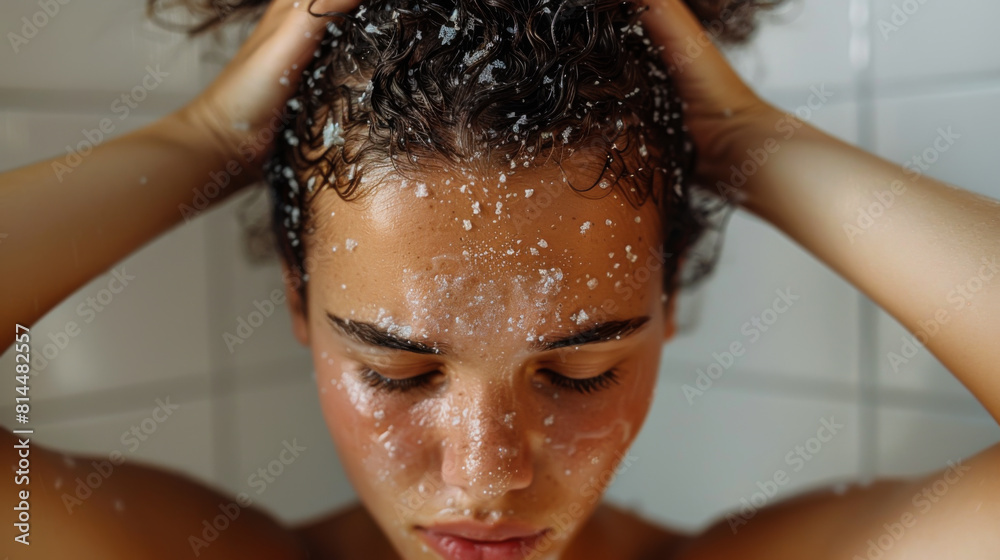 Close-up of a young woman washing her hair in the shower. Soapy, irritated scalp on a light background. Skin health concept, care.