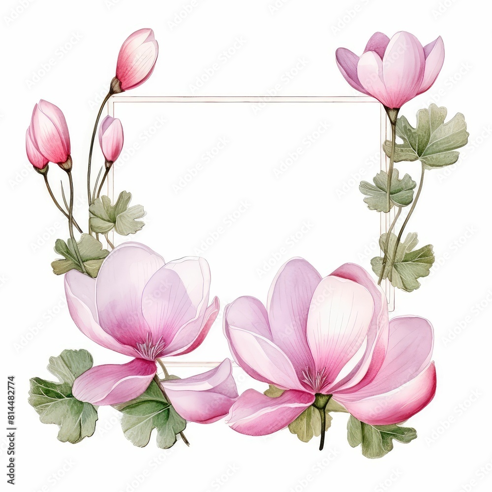cyclamen themed frame or border for photos and text. delicate pink and white blooms. watercolor illustration, flowers frame, botanical border, pink and white blooms. cyclamen themed frame or border for photos and text. delicate pink and white blooms. watercolor illustration, flowers frame, botanical border, pink and white blooms.