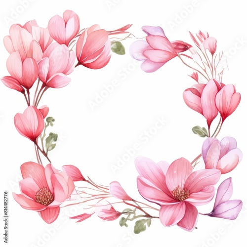 cyclamen themed frame or border for photos and text. delicate pink and white blooms. watercolor illustration  flowers frame  botanical border  pink and white blooms.