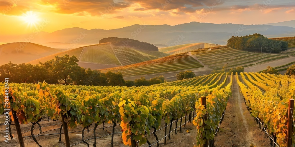 Colorful sunset over vineyard hills with grapevines stretching to the horizon. Concept Nature Photography, Sunset Landscape, Vineyard Scenery