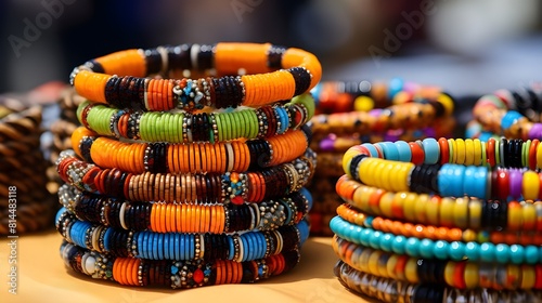 Beaded plastic necklaces  bangles or bracelets in rainbow colors. Focus on the whimsical  budget-friendly handicrafts that are popular souvenirs for tourists. Generative Ai Pro Photo 